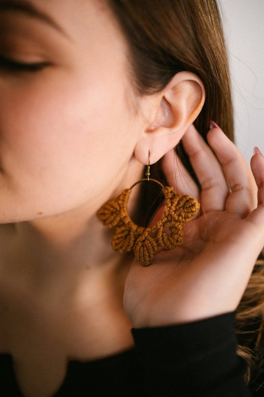 Woven Macrame Boho Leaf Earrings- Camel